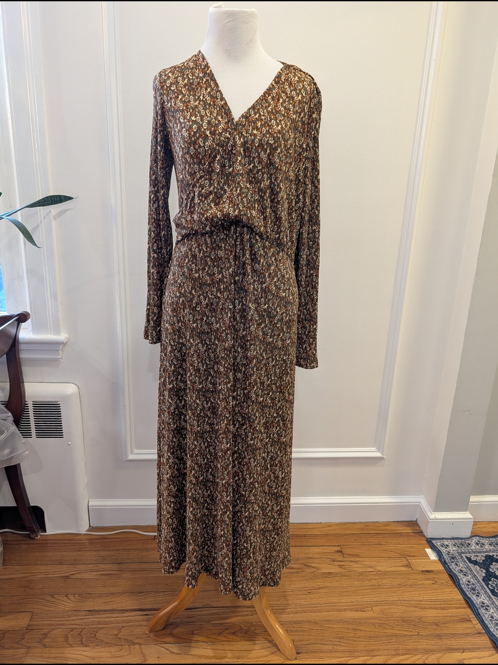 Mango Women's Brown Floral Long-Sleeve V-Neck Maxi Dress